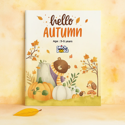 Children's book titled 'Hello Autumn' by Snick Doodle on a yellow background