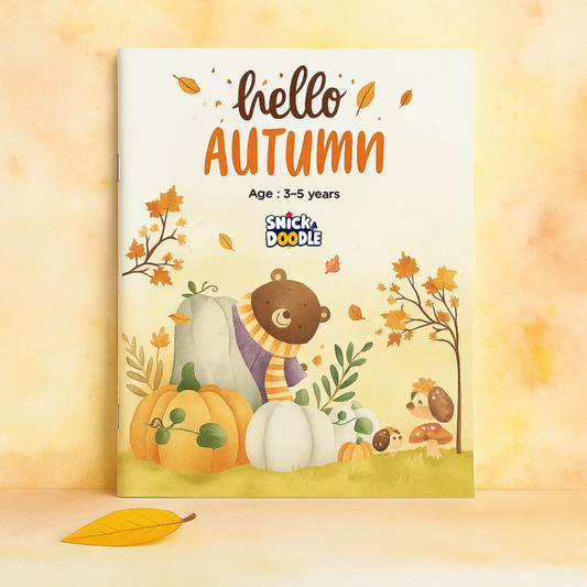 Children's book titled 'Hello Autumn' by Snick Doodle on a yellow background